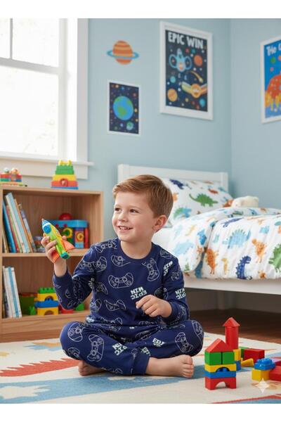 SERRASTIL Boys' Pajama Set Navy Blue Color Atary Patterned Cotton Long Sleeves