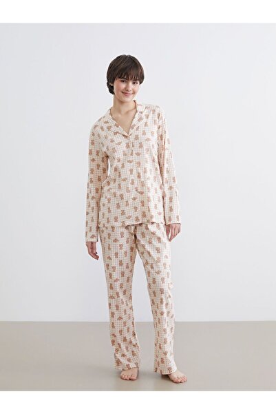 LC Waikiki Set de pijamale pentru femei cu guler tip cămașă și imprimeu Teddy