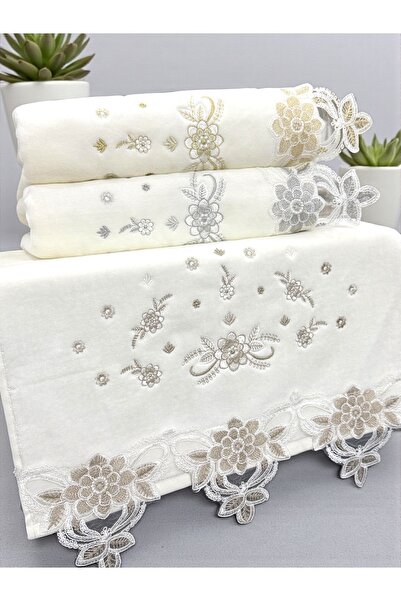 AYHANHOME 3-Piece Velvet Luxury French Laced Dowry 50X90 Hand and Face Towel