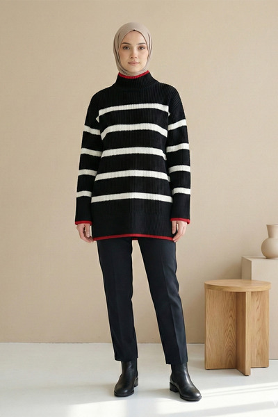 Kirazgym Women's Half-Thigh Length Formal Patterned Knitwear Tunic Black