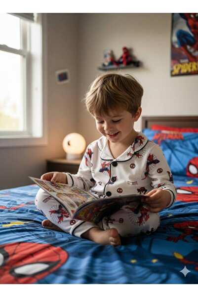 Erkek Çocuk Örümcek Adam Baskılı Pamuklu Pijama Takımı Düğmeli Uzun Kollu Alt Üst