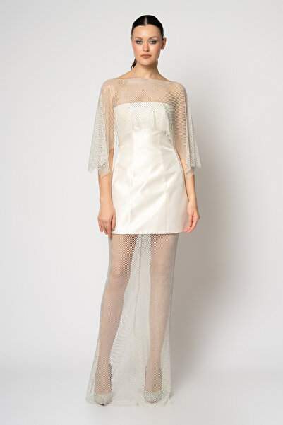 RENGIN Straplez çan etekli taşlı file bolerolu abiye elbise