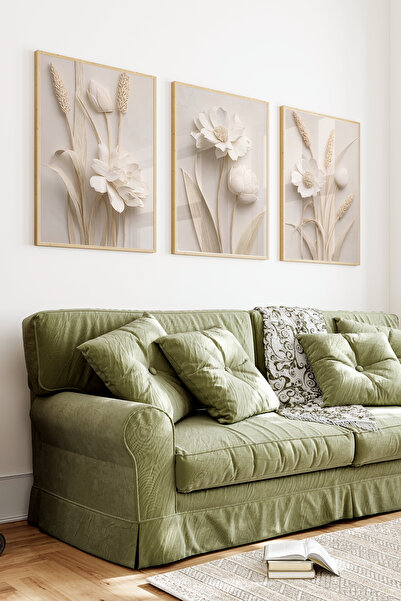 kutuTR Ahşap Çerçeveli 2D UV Baskı 3'lü Tablo set–Krem Bej Tonlarda Kabartma ...