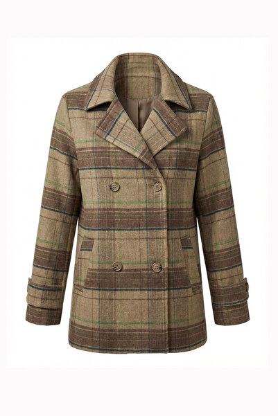 Soydan Güner Kadın Premium Kumaş Ekose Kısa Kruvaze Kaban Camel 1462