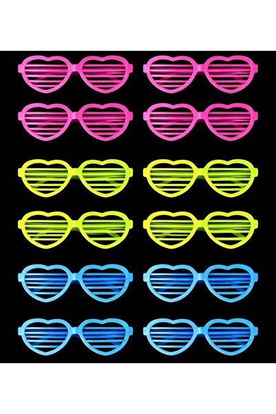 İstangül Butik Retro Neon Highlighter Heart Shutter Glasses - 12 Pieces