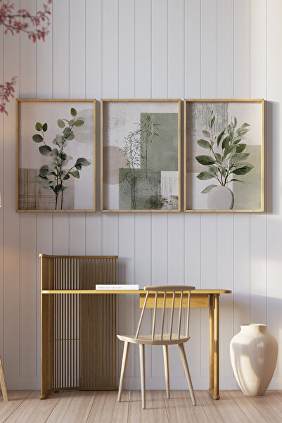 kutuTR Ahşap Çerçeveli 2D UV Baskı 3'lü Tablo set–Yeşil Yapraklar ve Soyut Geometrik Desenli- CRV1320