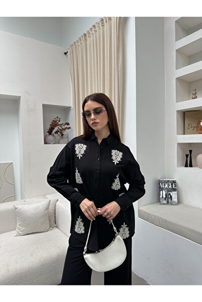 MİA NOURA Women's Oversize Shirt with Embroidery on Front and Back