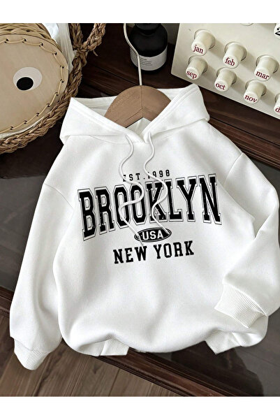 Marco Fresco Unisex Brooklyn Printed Oversize Hooded White Sweatshirt