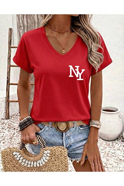 FUFLUNS Ny Printed Women's Oversize V-Neck T-Shirt