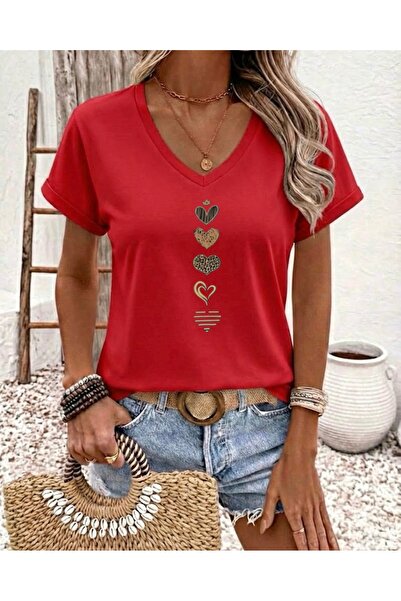 FUFLUNS Crowned Heart Printed Women's Oversize V-Neck T-Shirt