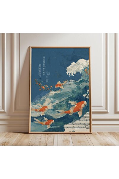 NinaStore Koi Balığı ve Dalgalar Sanat Baskısı Japon Okyanus Posteri Mavi Su ...