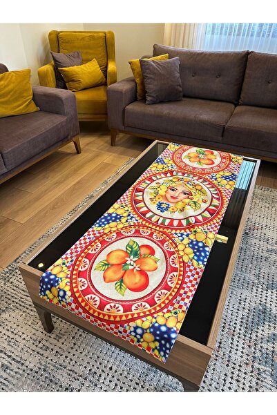 Karam Home Akdeniz Desenli Turuncu Runner / Limon Figürlü Renkli Runner
