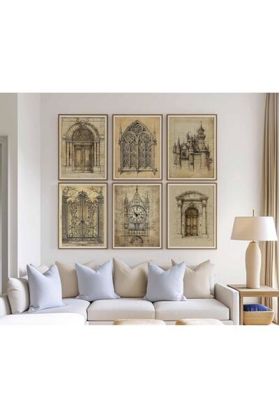 NinaStore 6 Parçalı Vintage Mimari Baskı Seti: Antik Bina Planları, Mimari Çi...