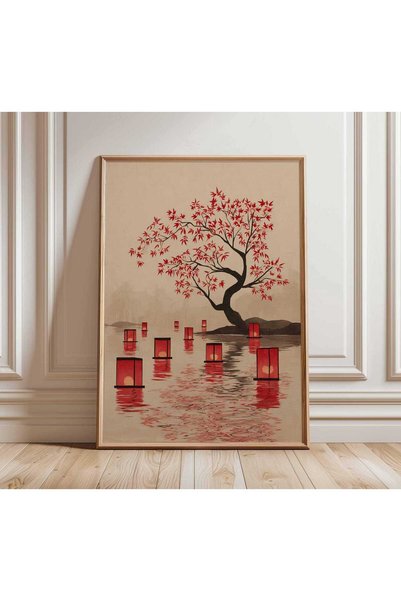 NinaStore Japon Feneri Posteri, Ahşap Baskı Tarzı Duvar Sanatı, Kırmızı Akçaa...
