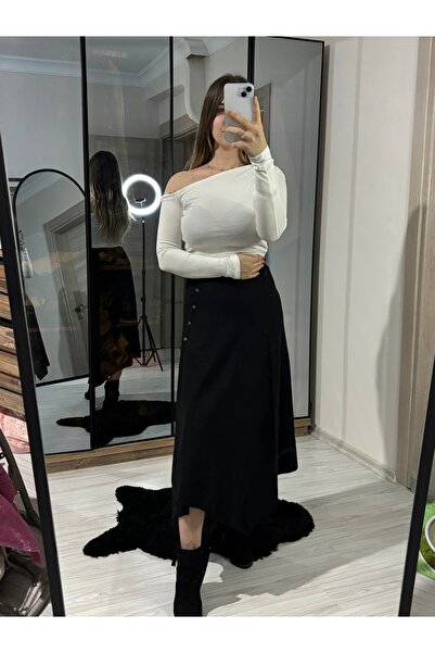 ELA Siyah Selanik Önü Düğmeli Midi Etek