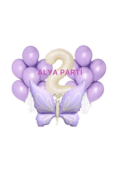 ALYA PARTİ 2 Yaş Rakam Folyo Balonlu Retro Mor Kelebek Doğum Günü Seti