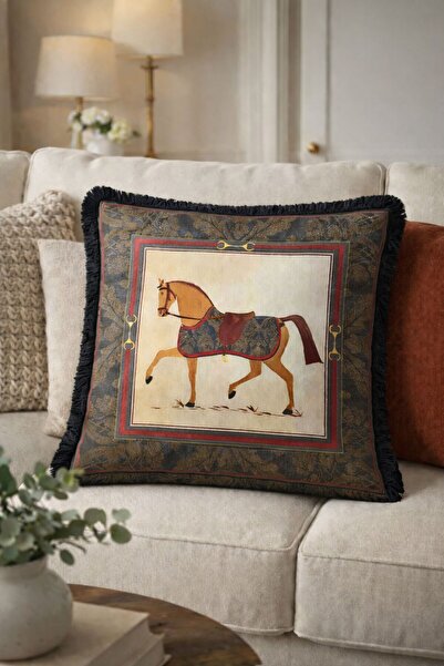 Karam Home At Figürlü Dekoratif Kırlent Kılıfı | Siyah Püsküllü Klasik & Şık ...