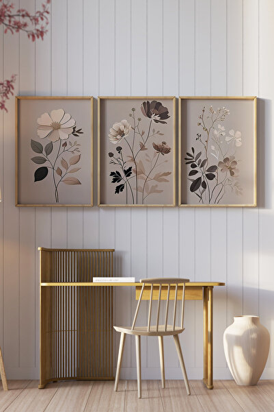 kutuTR Ahşap Çerçeveli 2D UV Baskı 3'lü Tablo set–Minimal Çiçek Çizimi Temalı Bej Tonlarda- CRV1328