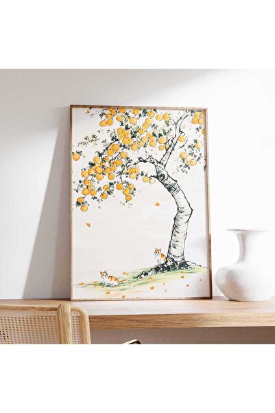 NinaStore Portakal Ağacı Kedisi Duvar Sanatı Baskısı Minimalist Japon Tarzı P...