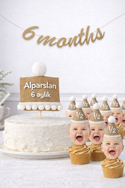 Dijital Nostal Yarım Yaş 6 months Pasta Süsü Duvar yazısı Set (Kağıt Yapıdadır)