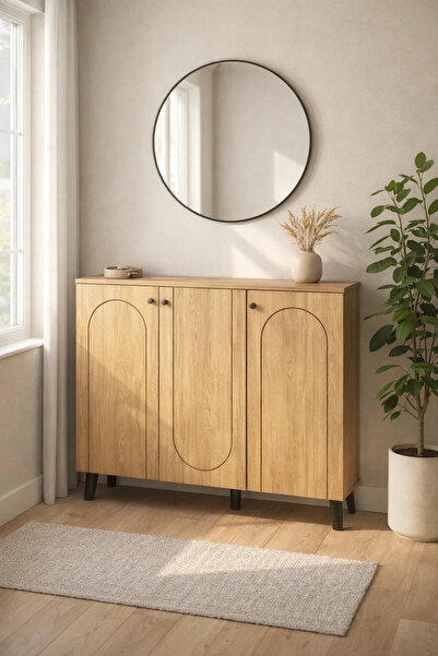 MARIA HOMES Light Brown Wooden Shoe Cabinet with 3 Doors 120 x 32 x 94 cm