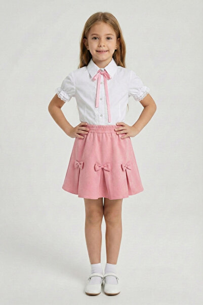FATELLA Girl's Pink Bow Lace Embroidered Shirt Pink Ribbon Skirt Set 23 April...