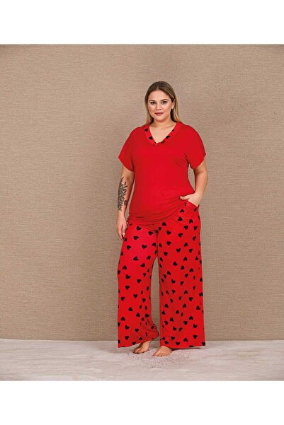 Lady Lingerie Σετ γυναικείες πιτζάμες με σχέδιο καρδιές, κοντομάνικο, κόκκινο...