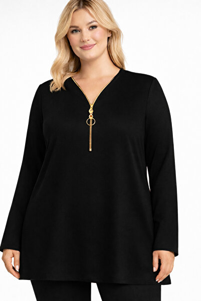 HÜLYA BUTİK Large Size Women's Black Color Gold Zipper Uzunkol Blouse
