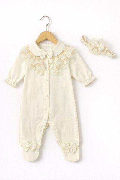 Kardeşler Bebe Bow and Lace Detailed Detachable Collar Baby Girl Romper with ...