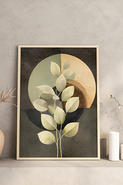 kutuTR Ahşap Çerçeveli 2D UV Baskı 3'lü Tablo set–Yeşil Bej Geometrik Daireler ve Yaprak Desenli- CRV1322