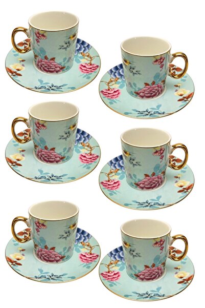 ALBETTO 6 Kişilik Porselen Yaldızlı Kahve Fincanı Bahar Mavi Çiçekli