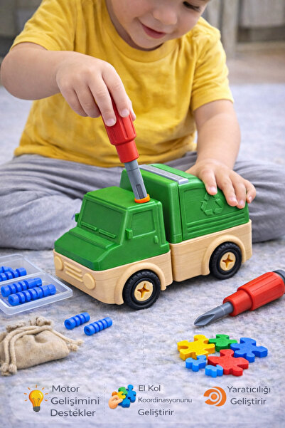 edoy Sök Tak Eğitici Geri Dönüşüm Aracı Araç Seti | Yap-Boz İş Makineleri | Yaratıcı Montessori Oyuncağı