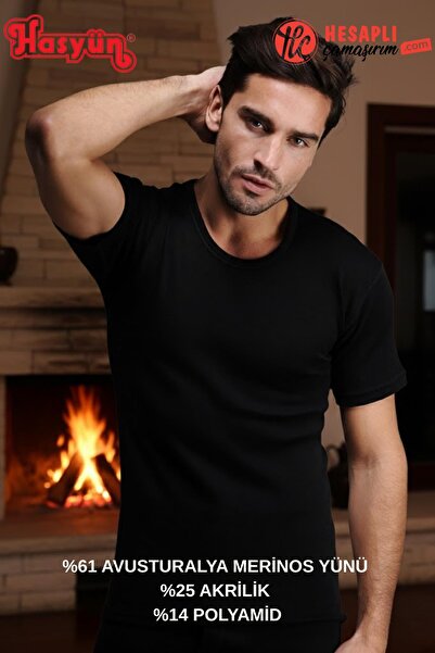 Hasyün 4000 Men's Black Warm 61% Wool Anti-Itching Non-Pilling Single Short S...