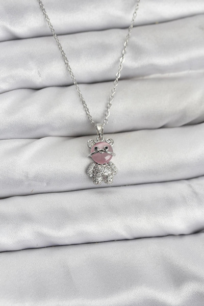 lowell home 316L Steel Chain Silver Color Teddy Bear Model Zircon Stone Women...