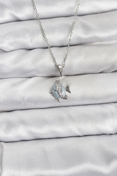 lowell home 316L Steel Chain Silver Color Fish Model Zircon Stone Women's Nec...