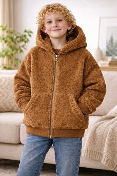 BEBEĞİME ÇORAP Boy's Plush Kangaroo Pocket Hooded Cardigan