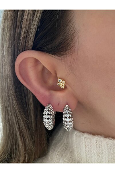 Pinery Jewels Oval Tek Taşlı Gri Renk Küpe Çifti