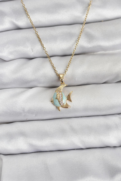 lowell home 316L Steel Chain Gold Color Fish Model Zircon Stone Women's Necklace