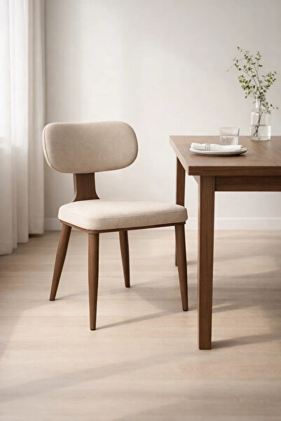 MARIA HOMES Modern Upholstered Dining Chair with Wooden Legs Beige
