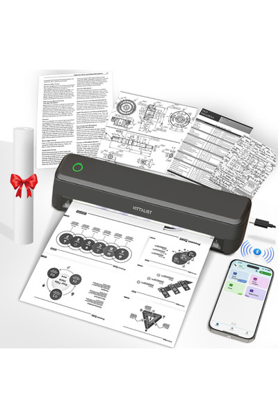Vittalist Imprimantă termic portabilă A4 203DPI, WiFi/BT/USB, fără cerneală, ...