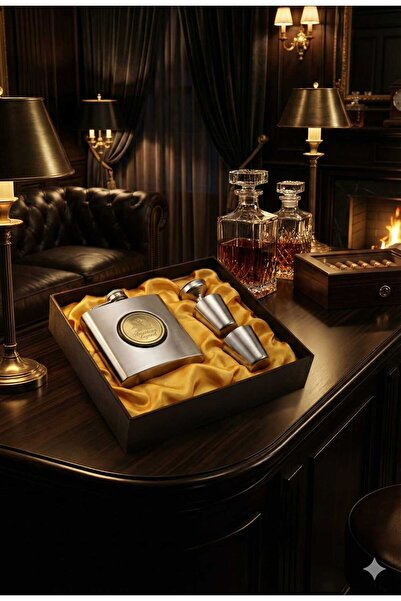 VOLMERİ GİFTS Pocket Flask and Shot Set in Stainless Steel Box (Eagle Emblem)