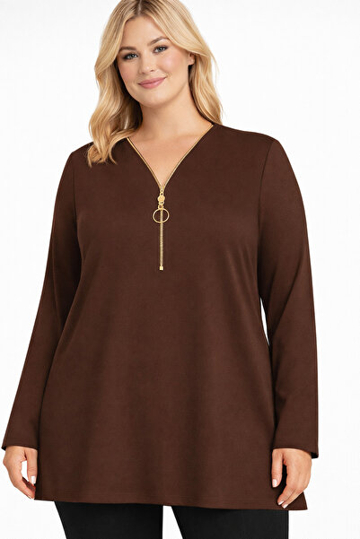 HÜLYA BUTİK Büyük beden kadın kahve renk gold fermuarlı Uzunkol bluz