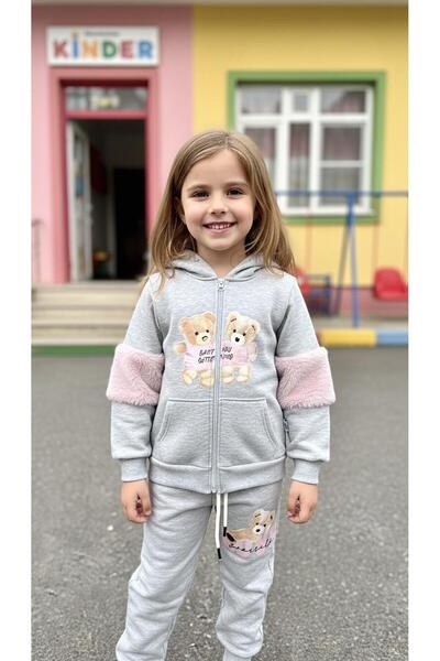 Sinem Çeyiz Cıvıltı 2231 Gray Teddy Bear Furry Cuffed Banded Hooded Tracksuit...