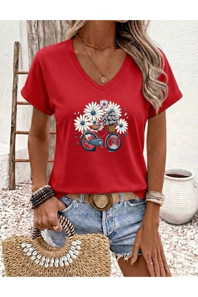 FUFLUNS Flowered Bicycle Printed Women's Oversize V-Neck T-Shirt
