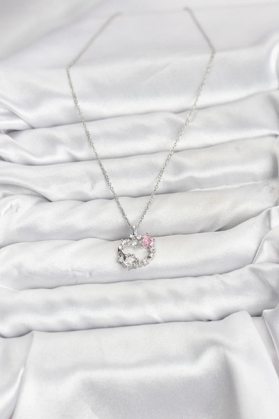 Toptan Bulurum 316L Steel Chain Silver Color Pink Stone Detailed Wreath Model Women's Necklace