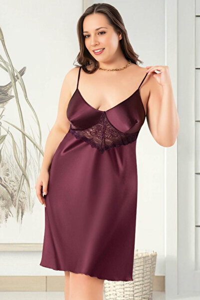 Homay Plus Size Lace Waist Detailed Satin Nightgown