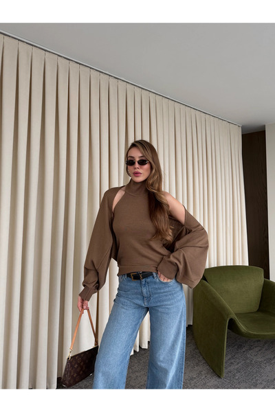 Laluvia Milky Brown Knitwear Bolero Set - 601117