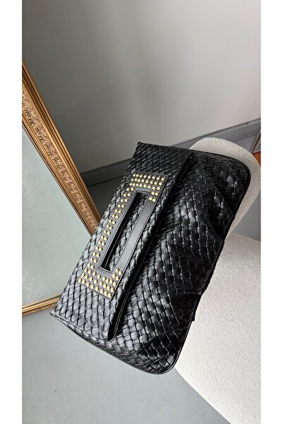 Eataly Shoes Quiet Rouge Black Knitted Leather Clutch Bag