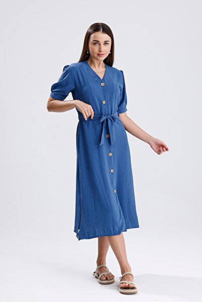 VELİZADE Women's Blue V-Neck Buttoned Shirt Model Midi Length Dress Balloon S...