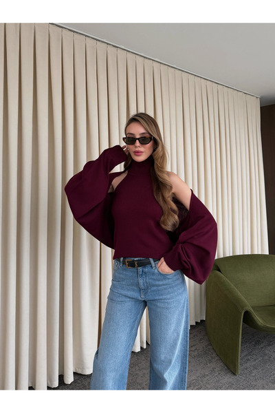 Laluvia Burgundy Knitwear Bolero Set - 601117